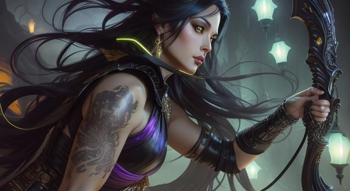 Dark Fantasy Woman with Sword and Kintsugi Tattoo