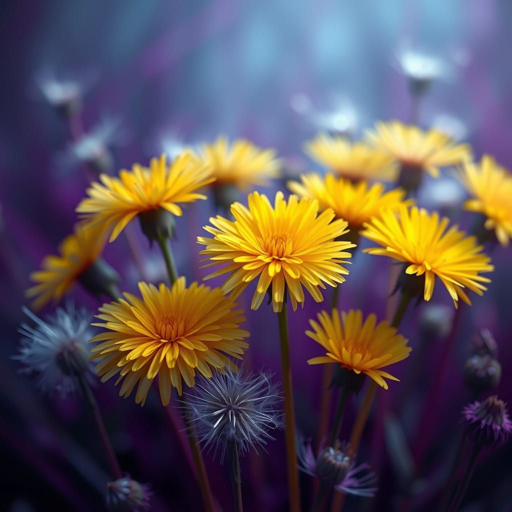 Vibrant Dandelions in Dreamlike Landscape
