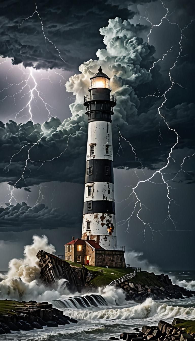 Collapsed Lighthouse in Stormy Night