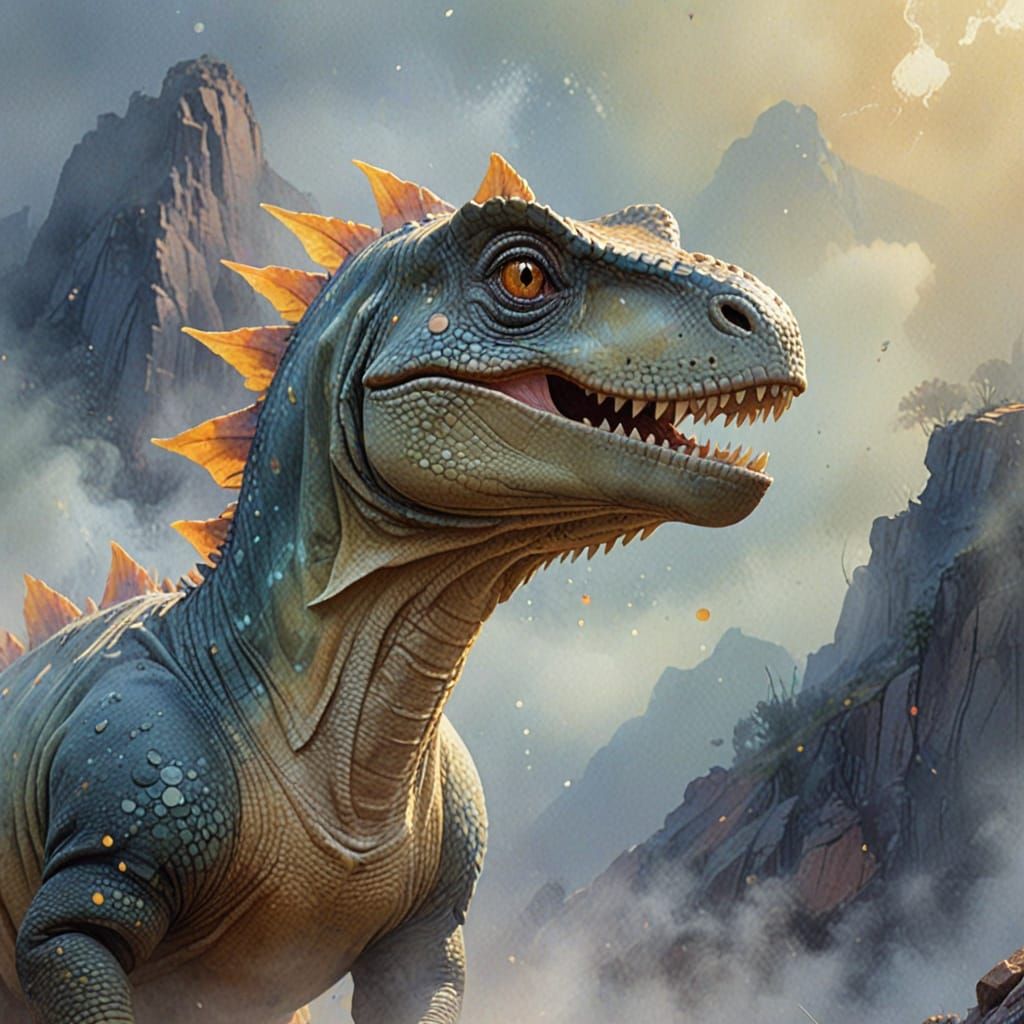 Ethereal Dinosaur in Misty Watercolor Fantasy