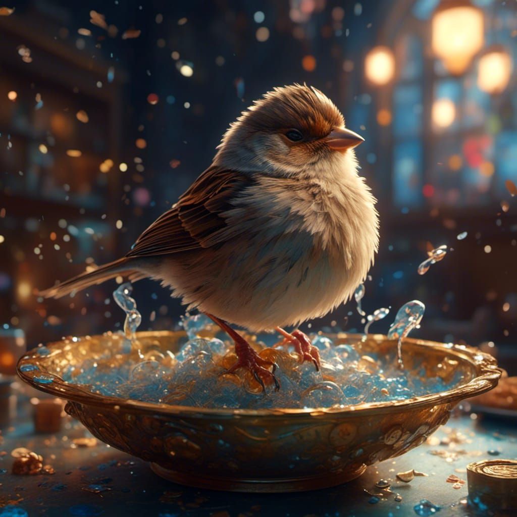 Cute Fluffy Sparrow in Van Gogh Style Setting