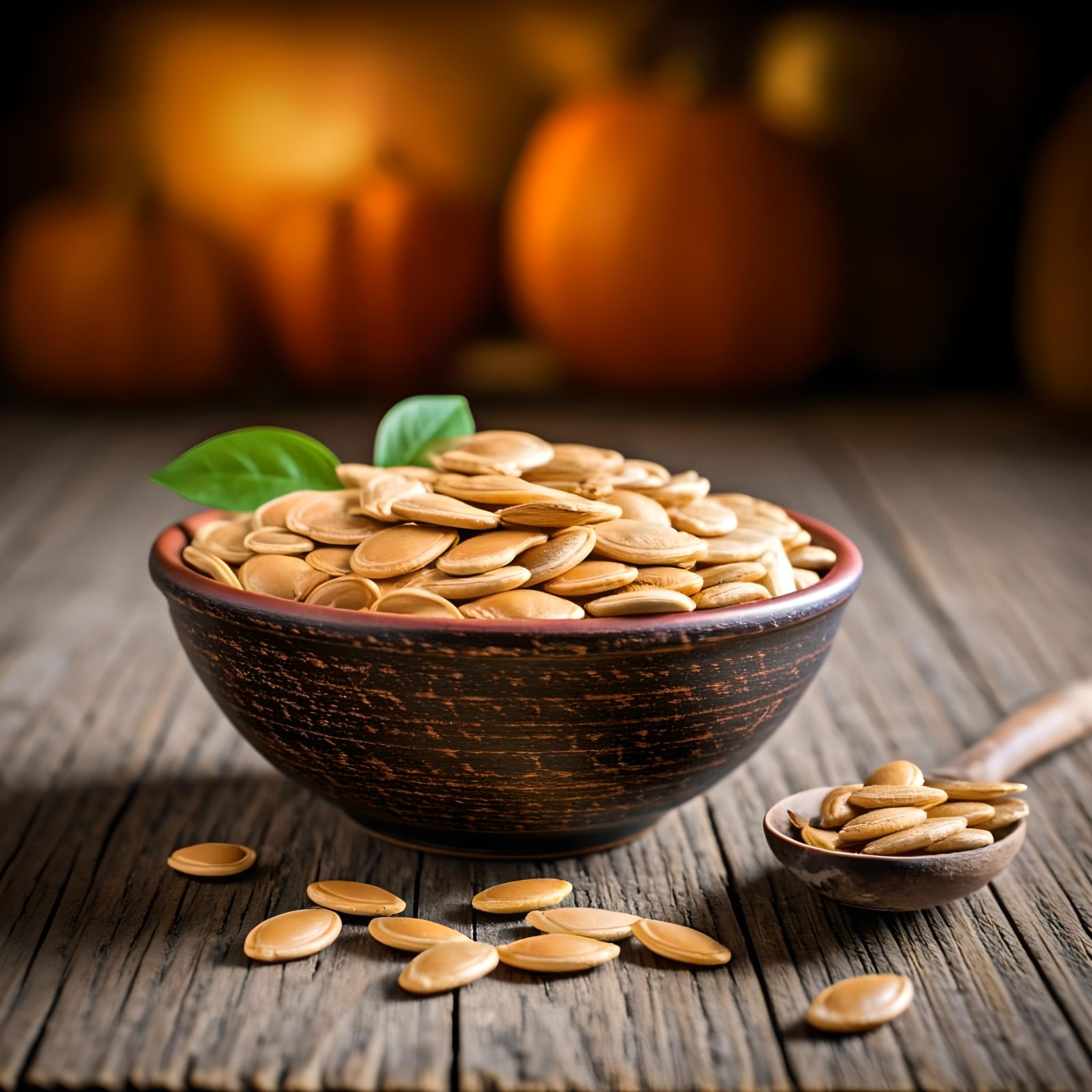 Bowl of Pumpkin Seeds on Wood Surface