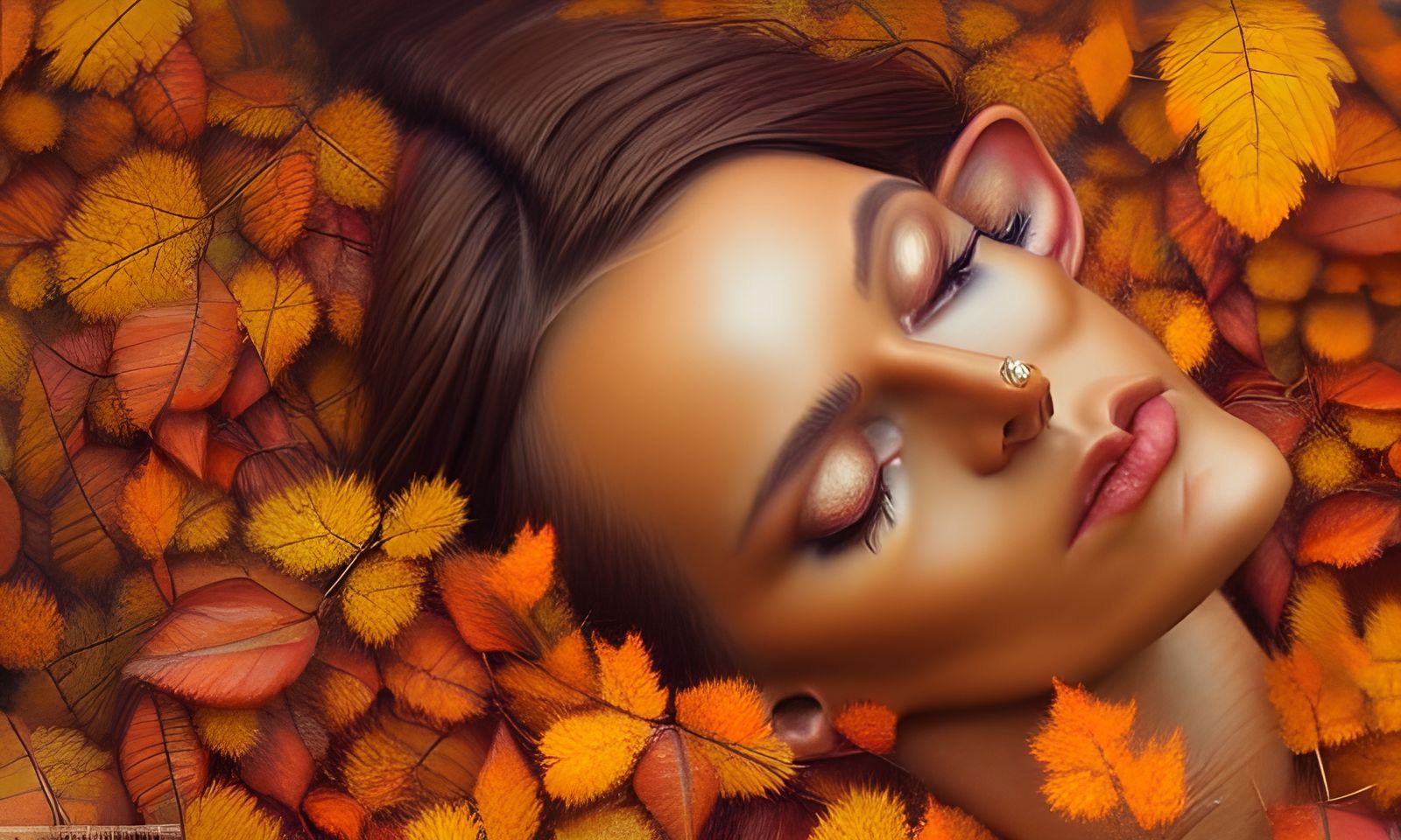 Beautiful Elf Woman Relaxing in Autumn Leaves
