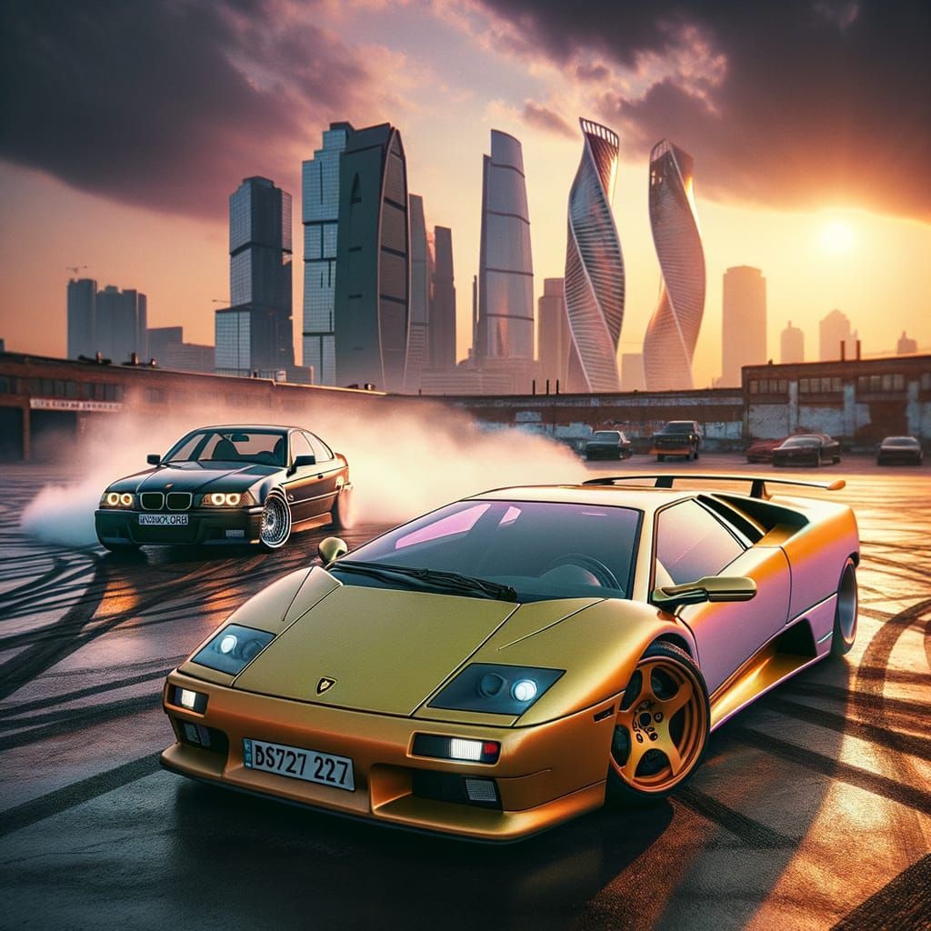 Lamborghini Diablo Parked While BMW Drifts at Sunset
