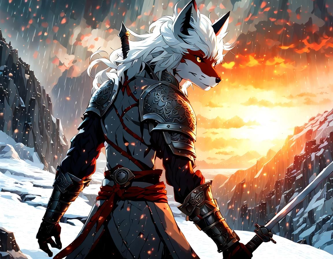 Anime Fox Girl Warrior in Icy Blizzard