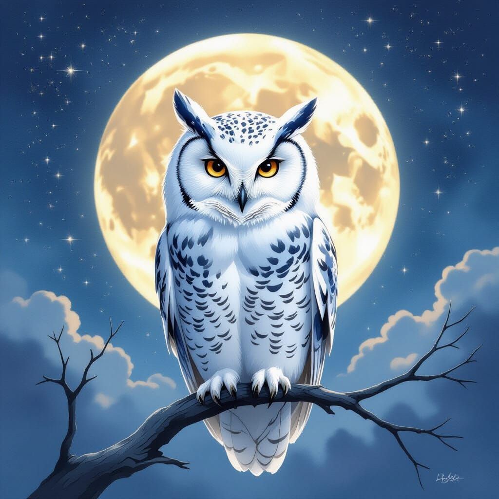 Snow Owl in Ethereal Watercolor Under Cosmic Moon