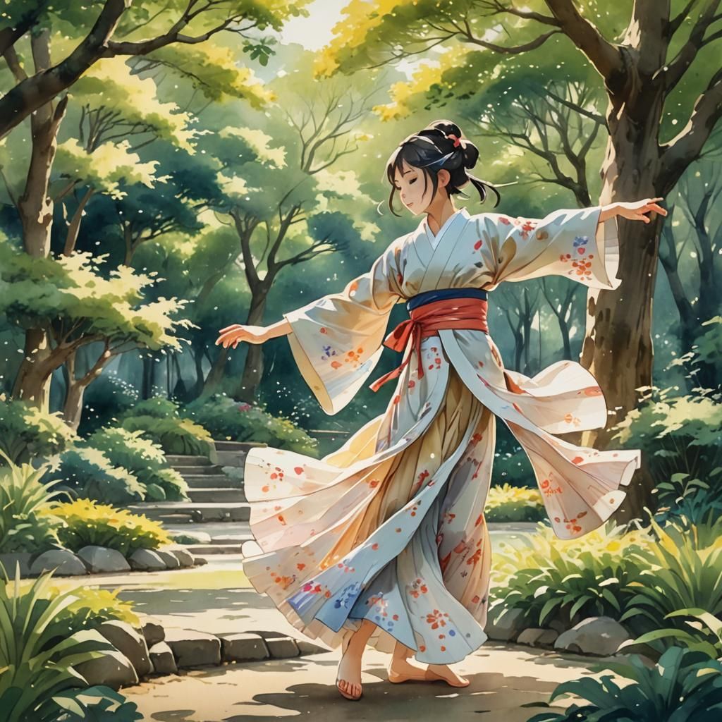 Watercolor Anime Dancer in Japanese Garden