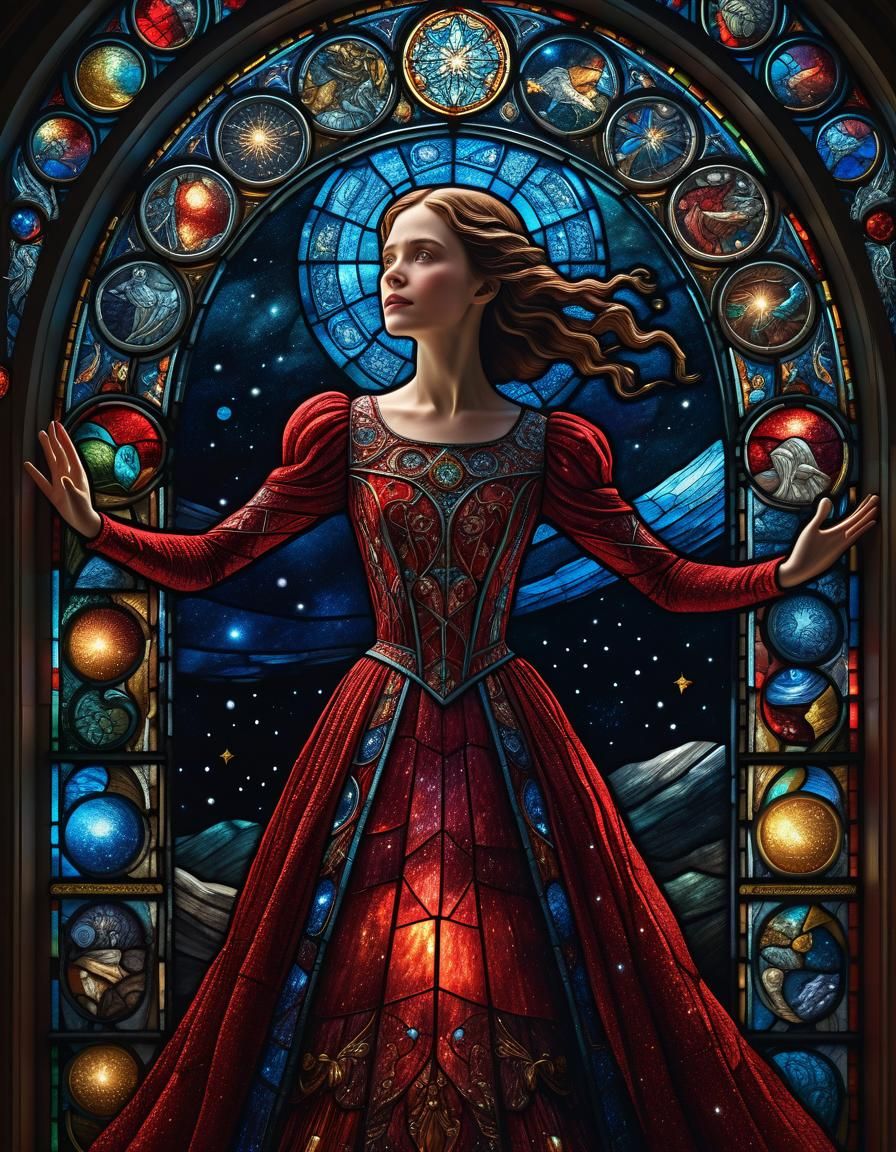 Stained Glass Woman with Red Dress in Cosmic Setting