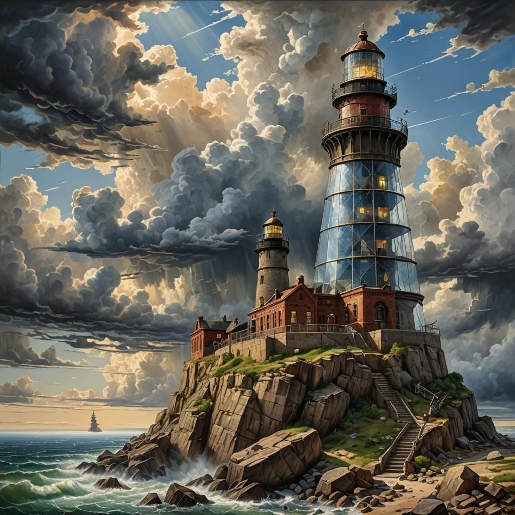 Glass Lighthouse to the Clouds: Impasto Gouache Style