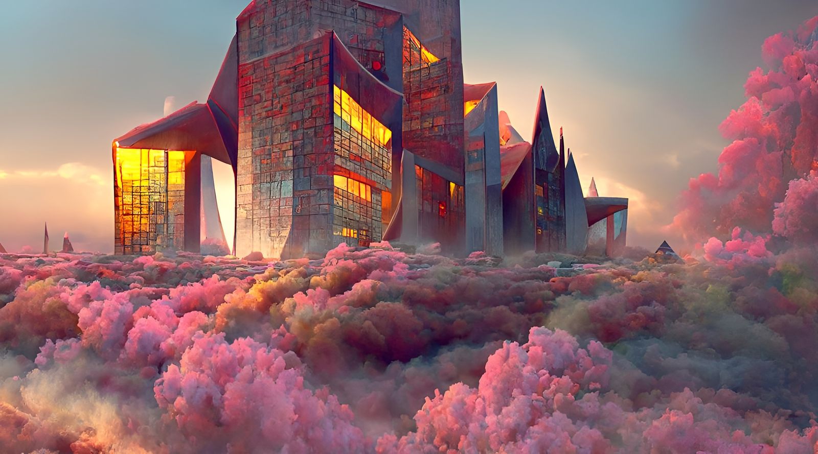 Surreal Brutalist Architecture in a Colorful Fantasy World