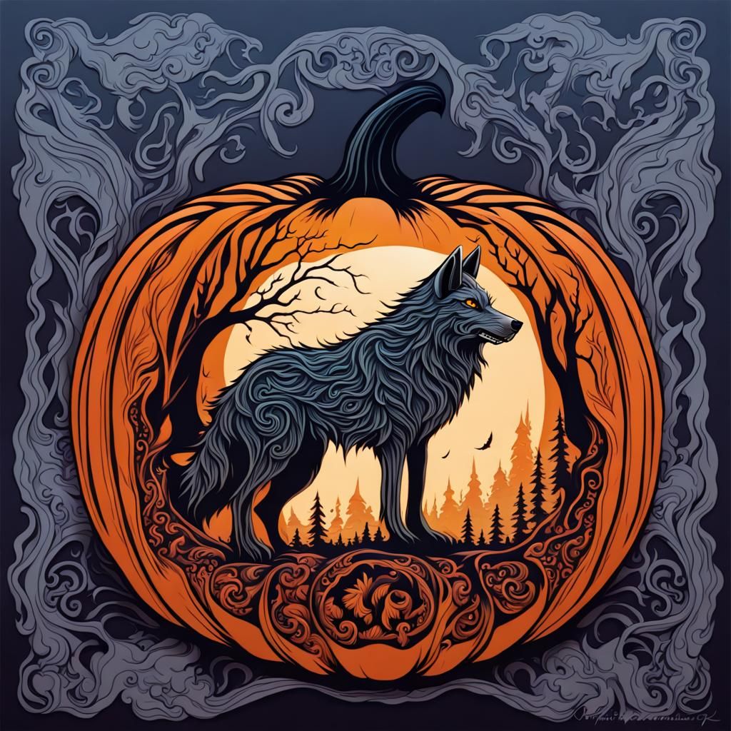 Intricate Wolf Pumpkin Carving in Fantasy Style