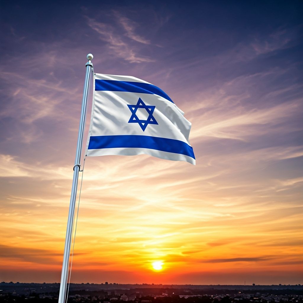Israeli Flag Waving at Sunset in Cinematic Style