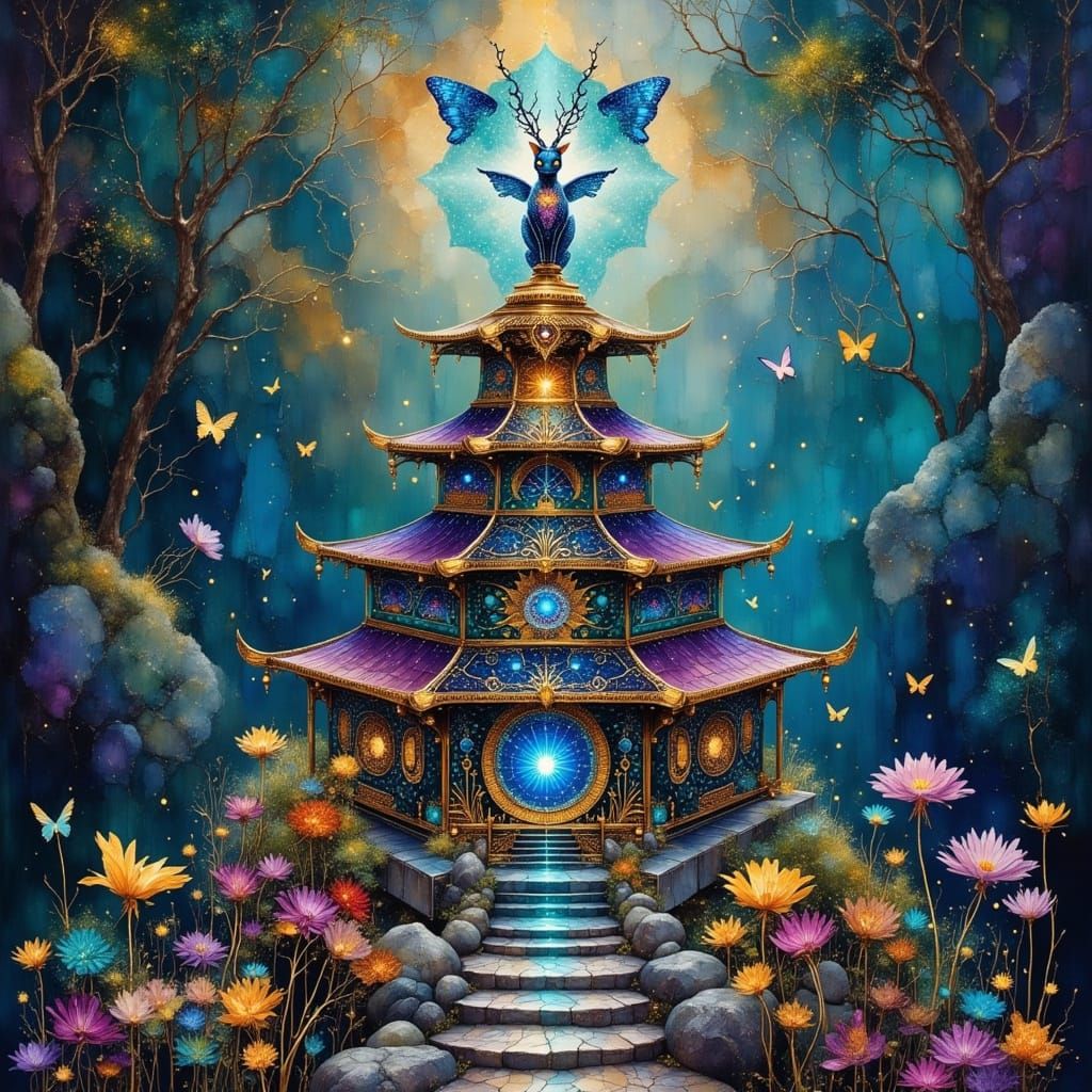 Floating Pagoda with Nine-Tailed Fox in Tropical Jungle