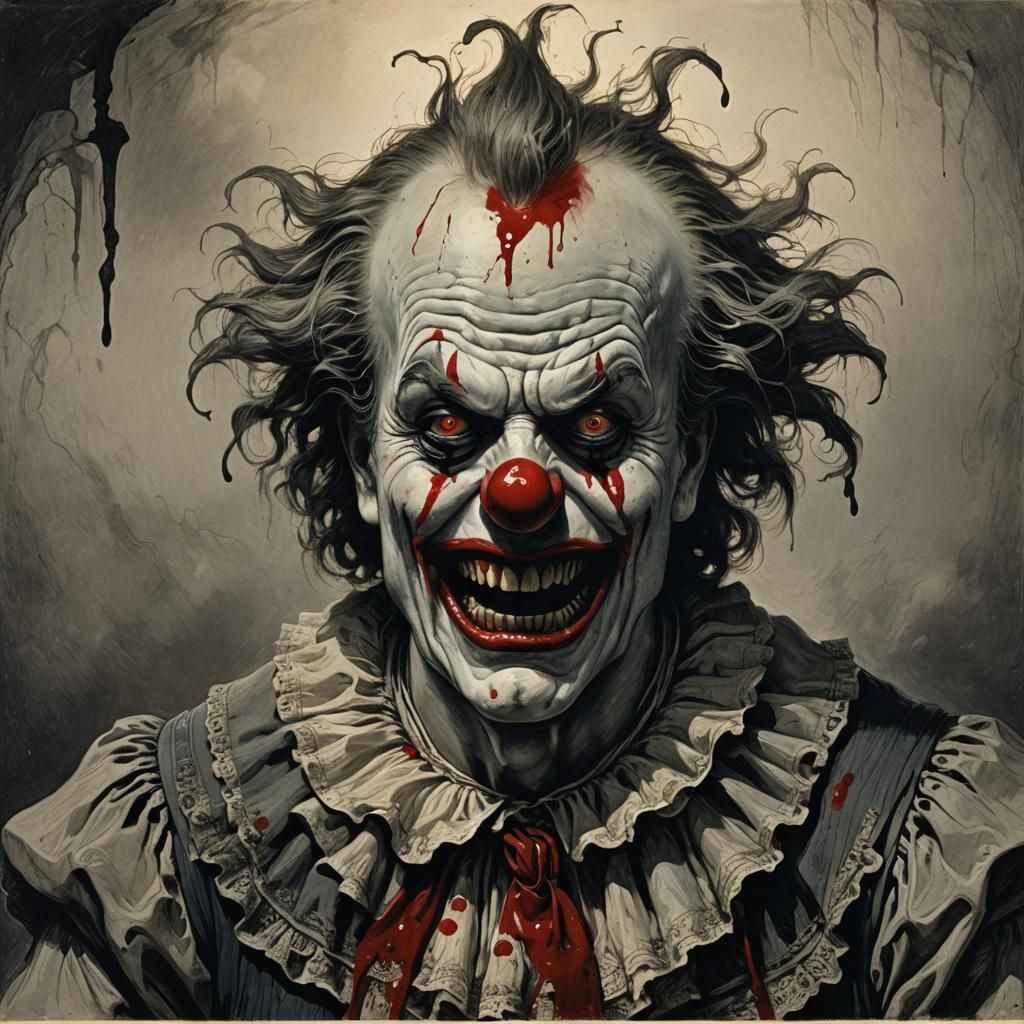 Horror Clown Crying Blood in Engraving Style