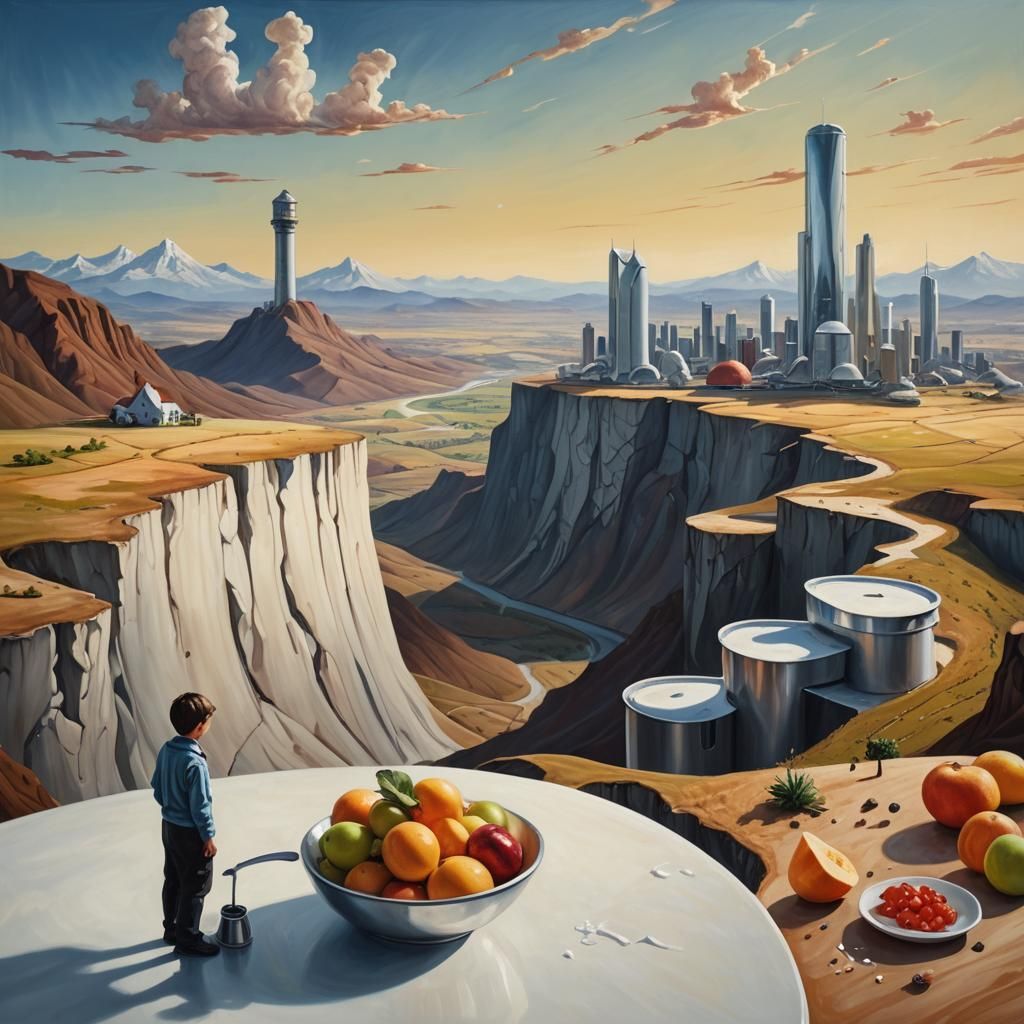 Surreal Miniature Person in Giant Kitchen, Oil Painting