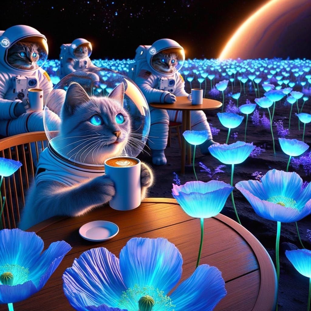 Cat Astronauts Sipping Coffee in Bioluminescent Martian Popp...