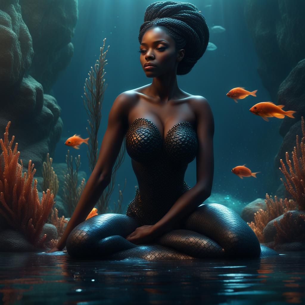 Enchanting Black Mermaid: A Captivating Digital Print of Emotions and Sensations