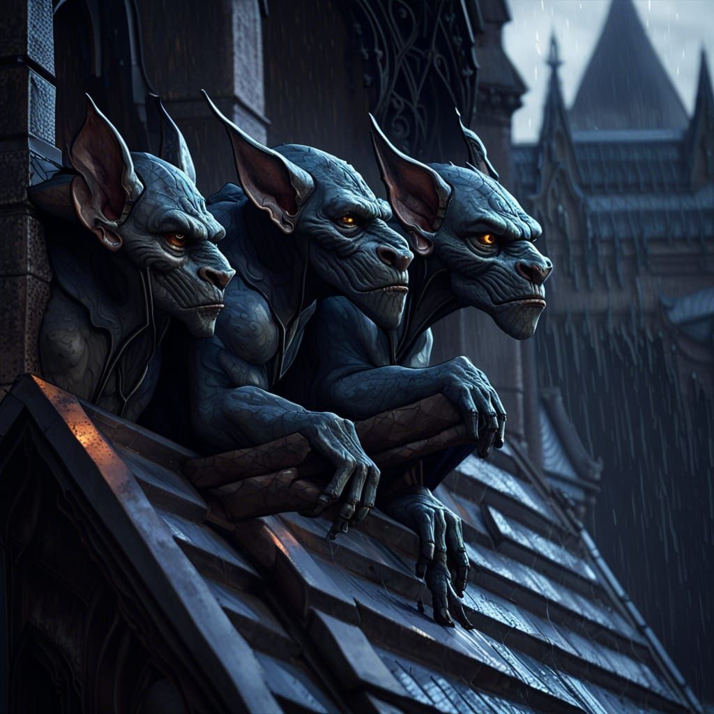 Gargoyles Watch Over Gothic City in Rain