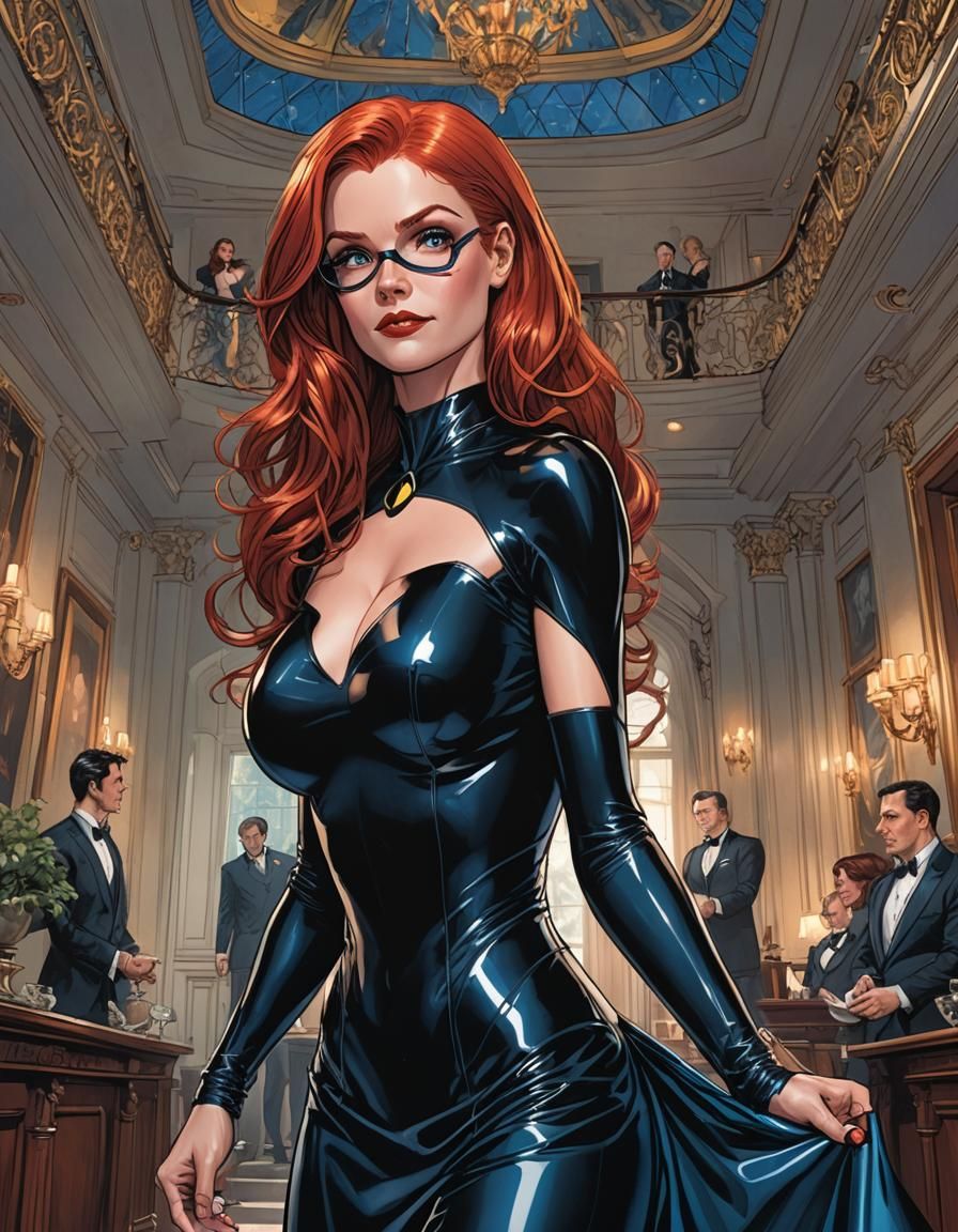 Woman in Latex Dress at Gala, Comic Book Art