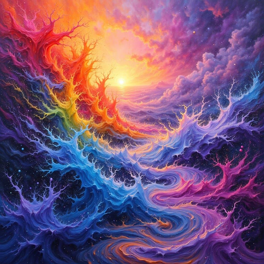 Rainbow Splashes on Canvas with Bioluminescent Effects