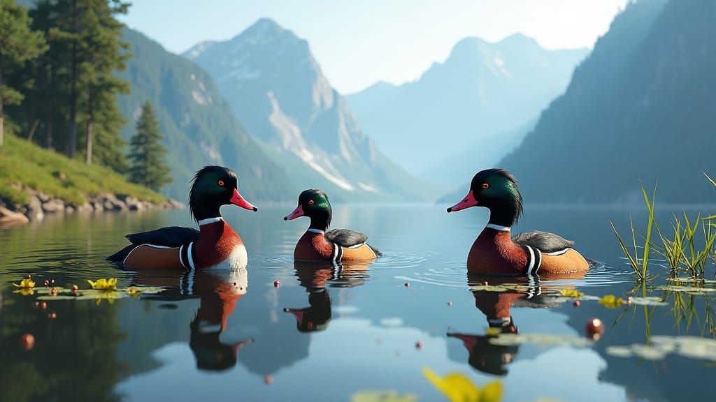 Mergansers at Mountain Lake: Detailed Matte Painting