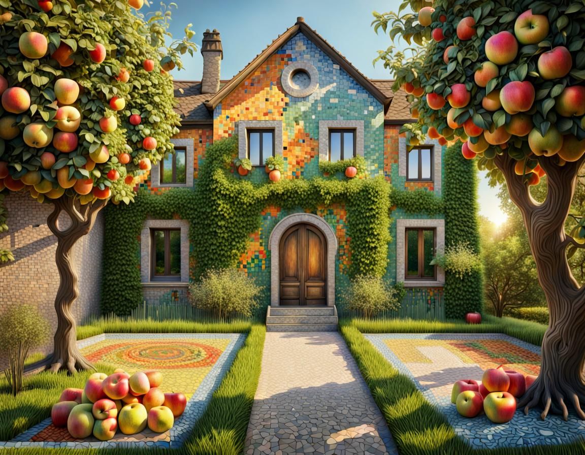 Mosaic House in Apple Orchard: Hyperrealistic Concept Art