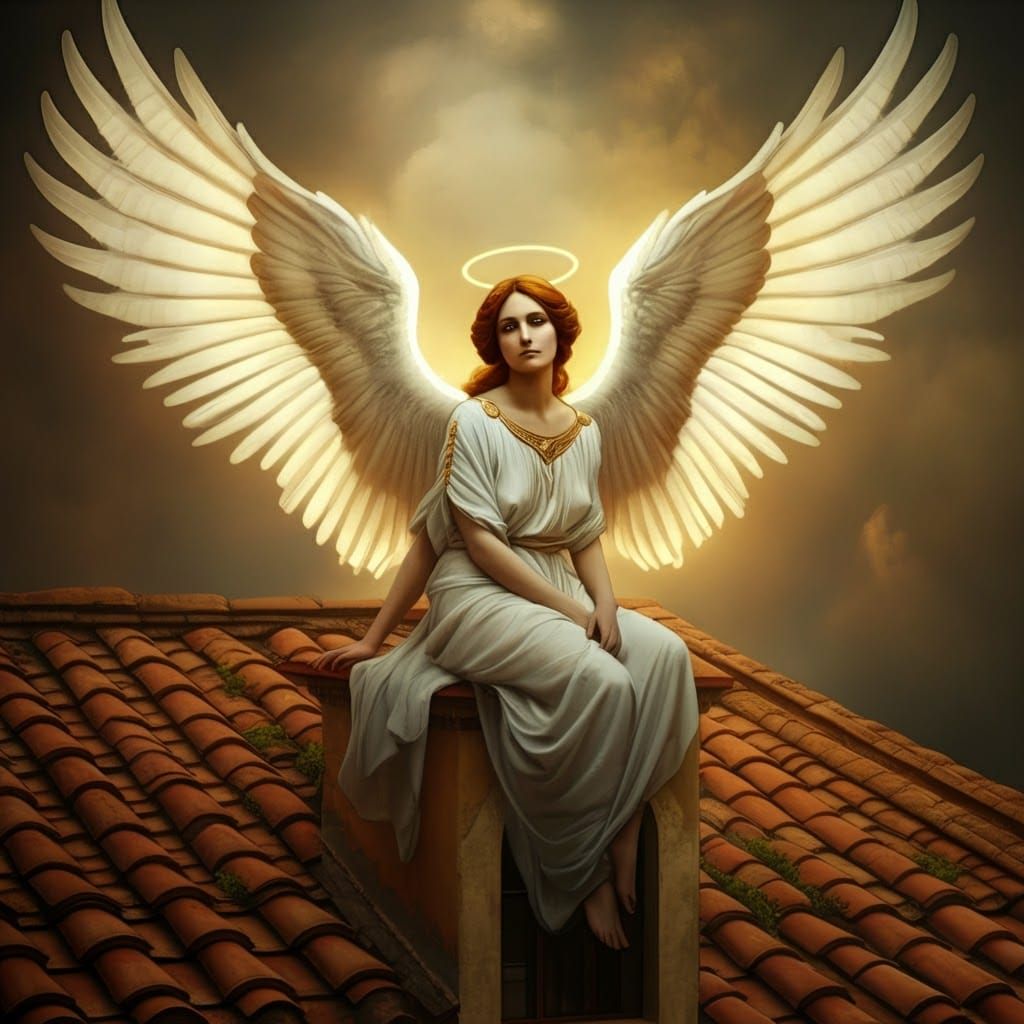 Italian Angel on Rooftop in Art Nouveau Style
