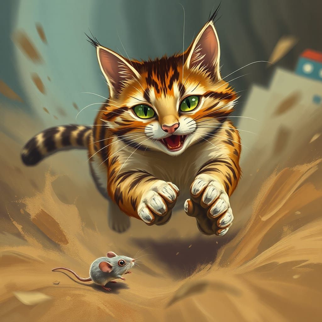 Cat and Mouse Chase in Energetic Digital Painting Style