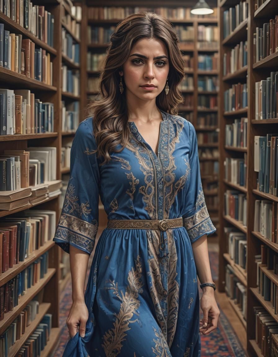Intricately detailed portrait for a twenty years brown hair middle eastern woman, with hypereal serious face wearing pri...