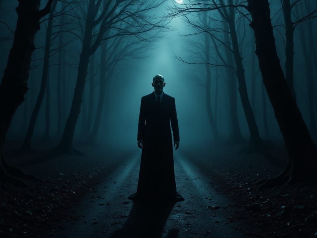 Unsettling Silhouette of a Pale Man in Woods