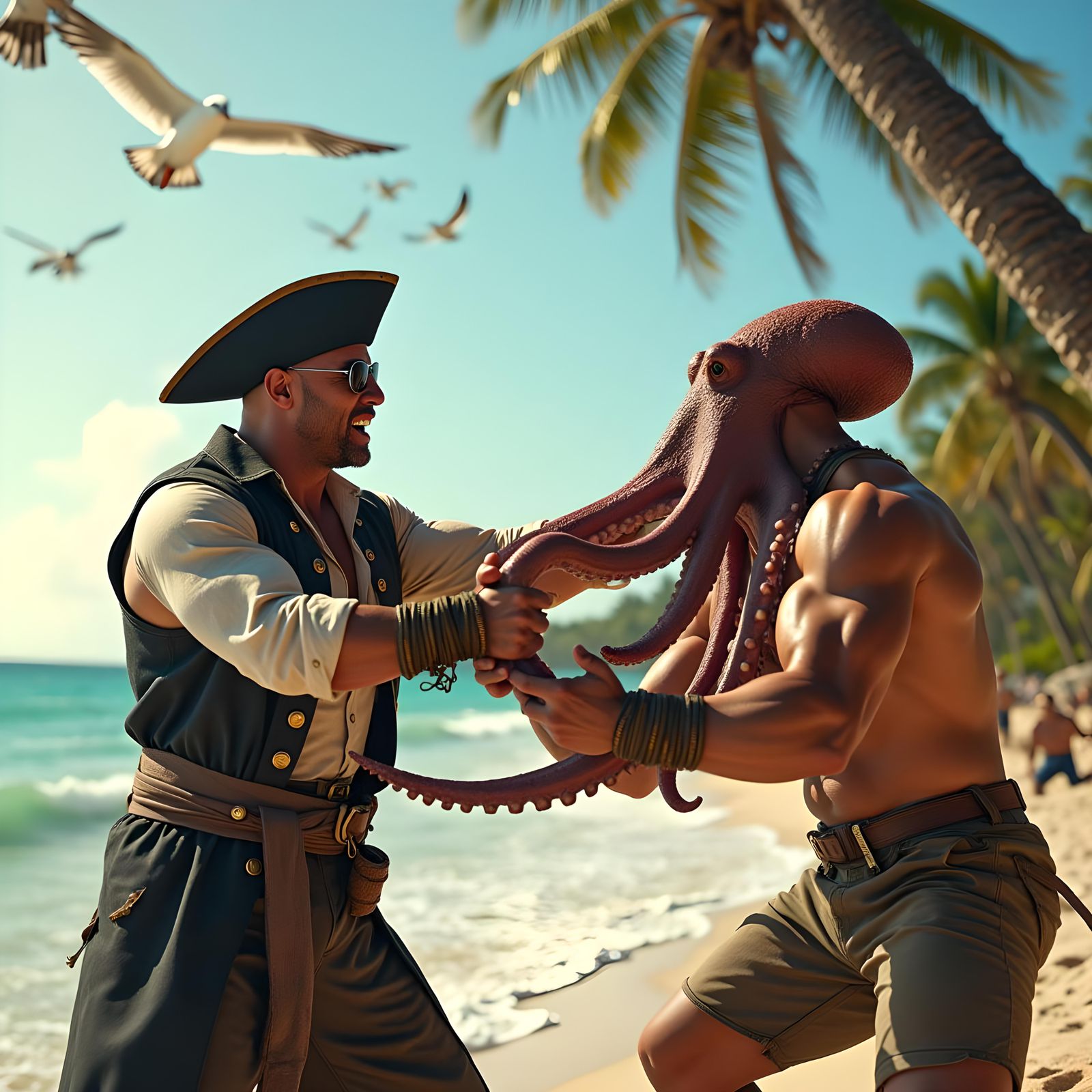 The Rock Arm-Wrestling an Octopus: Cinematic Beach Scene