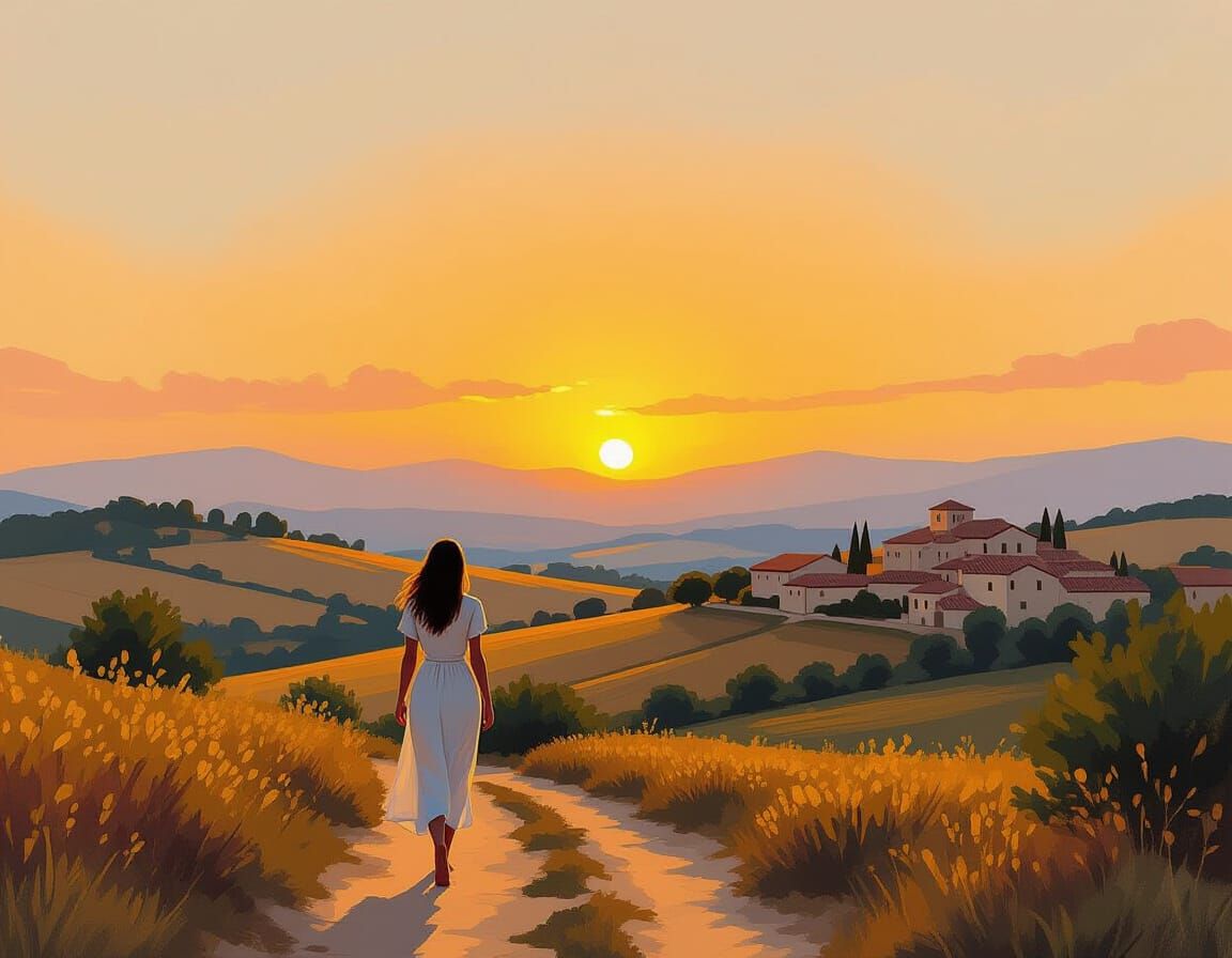 Woman Contemplating Sunlit Villages in Romantic Oil Painting...