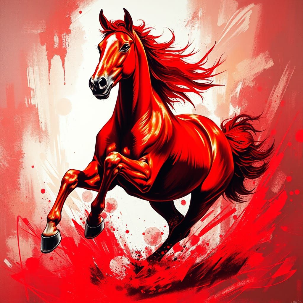 Expressionist Running Horse in Dominant Red with Raw Energy