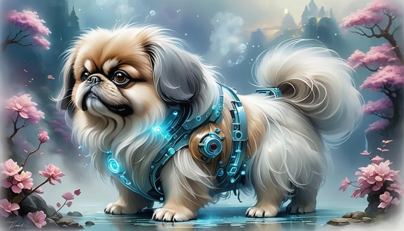 Mechanical Pekingese Pet in Patent Drawing Style