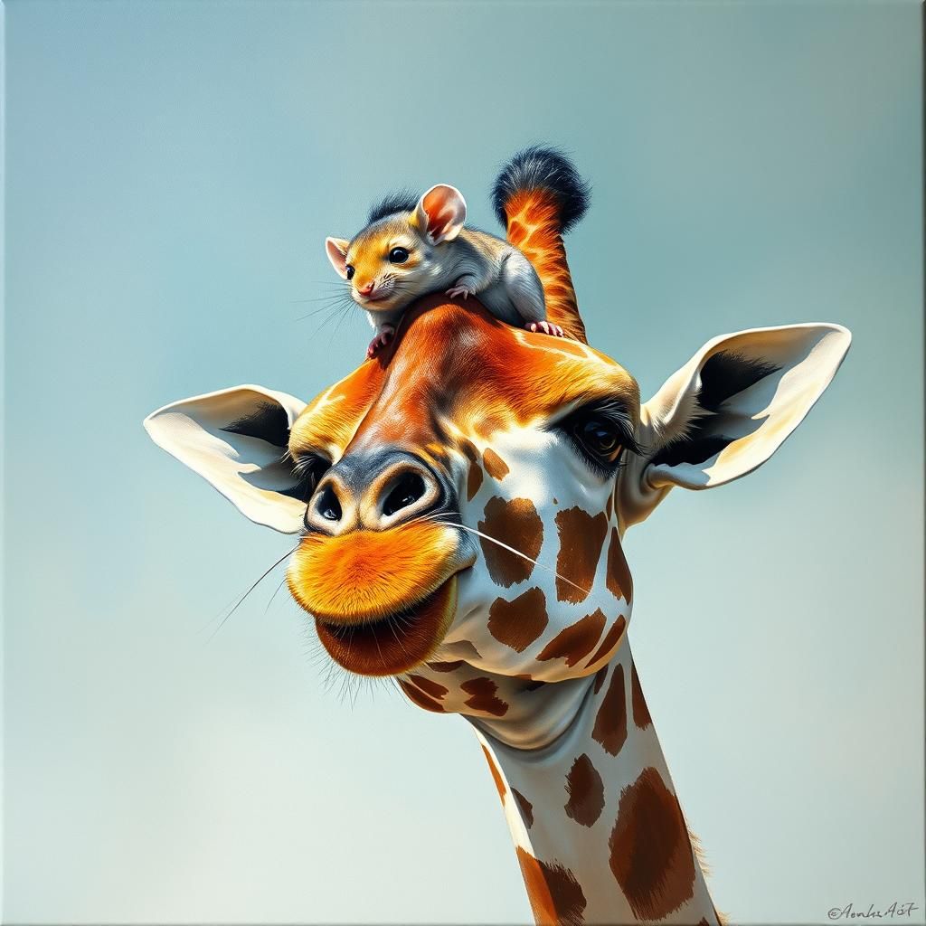 Mouse on Giraffe in Gouache Watercolor Style