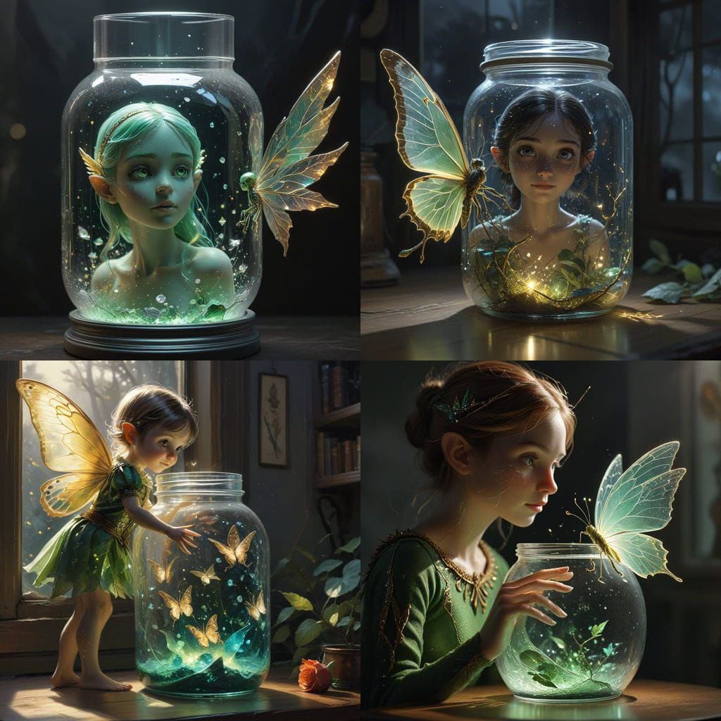 Elf in Crystal Glass Jar in Hyperrealistic Style