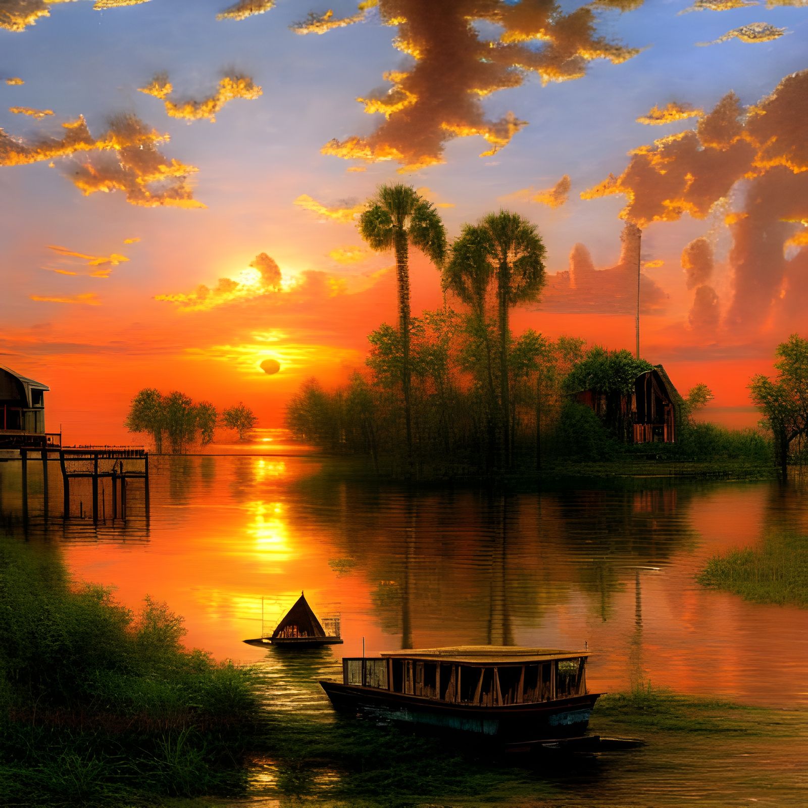 Houseboat on Bayou La Batre: Oil Painting