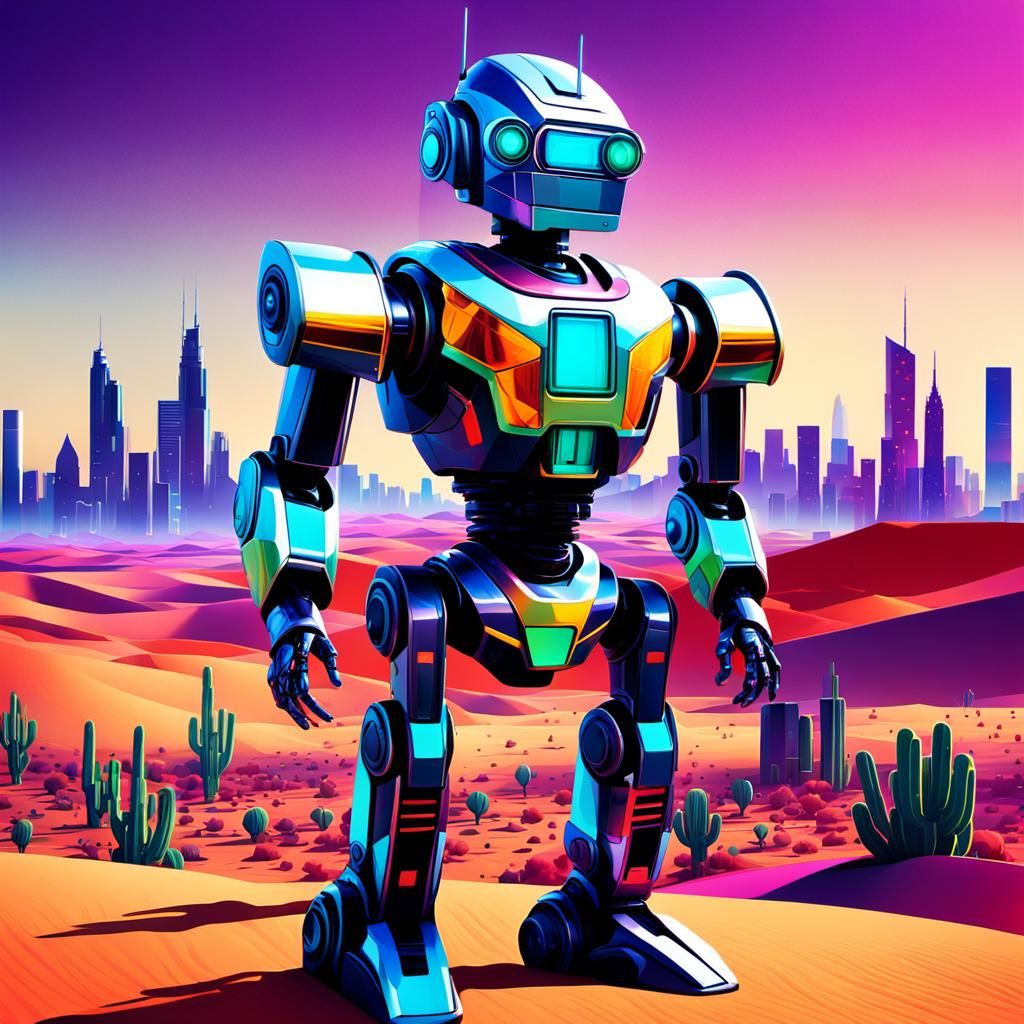 Geometric Bauhaus Robot in Desert Cityscape