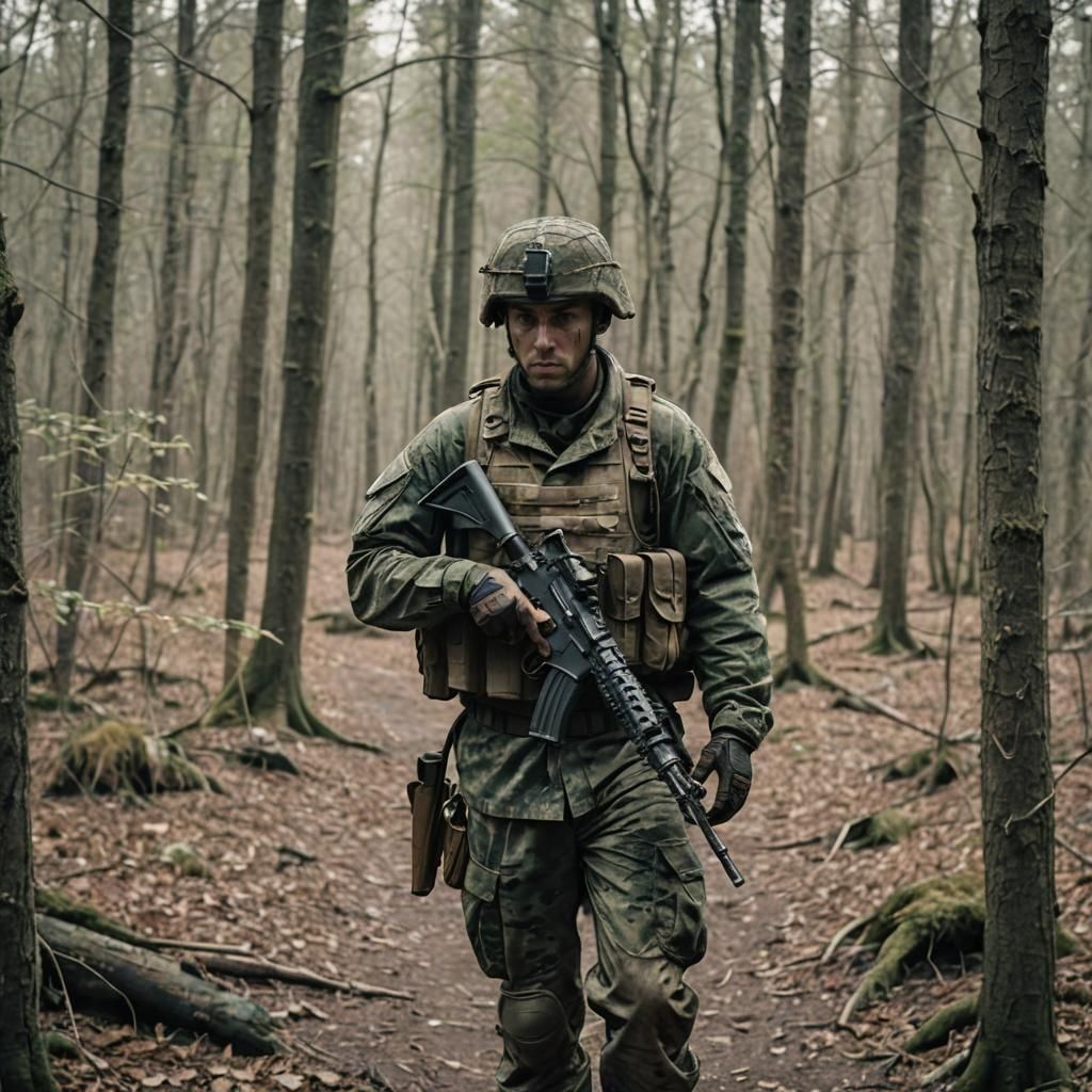Soldier Walking Alone in Woods with Pistol