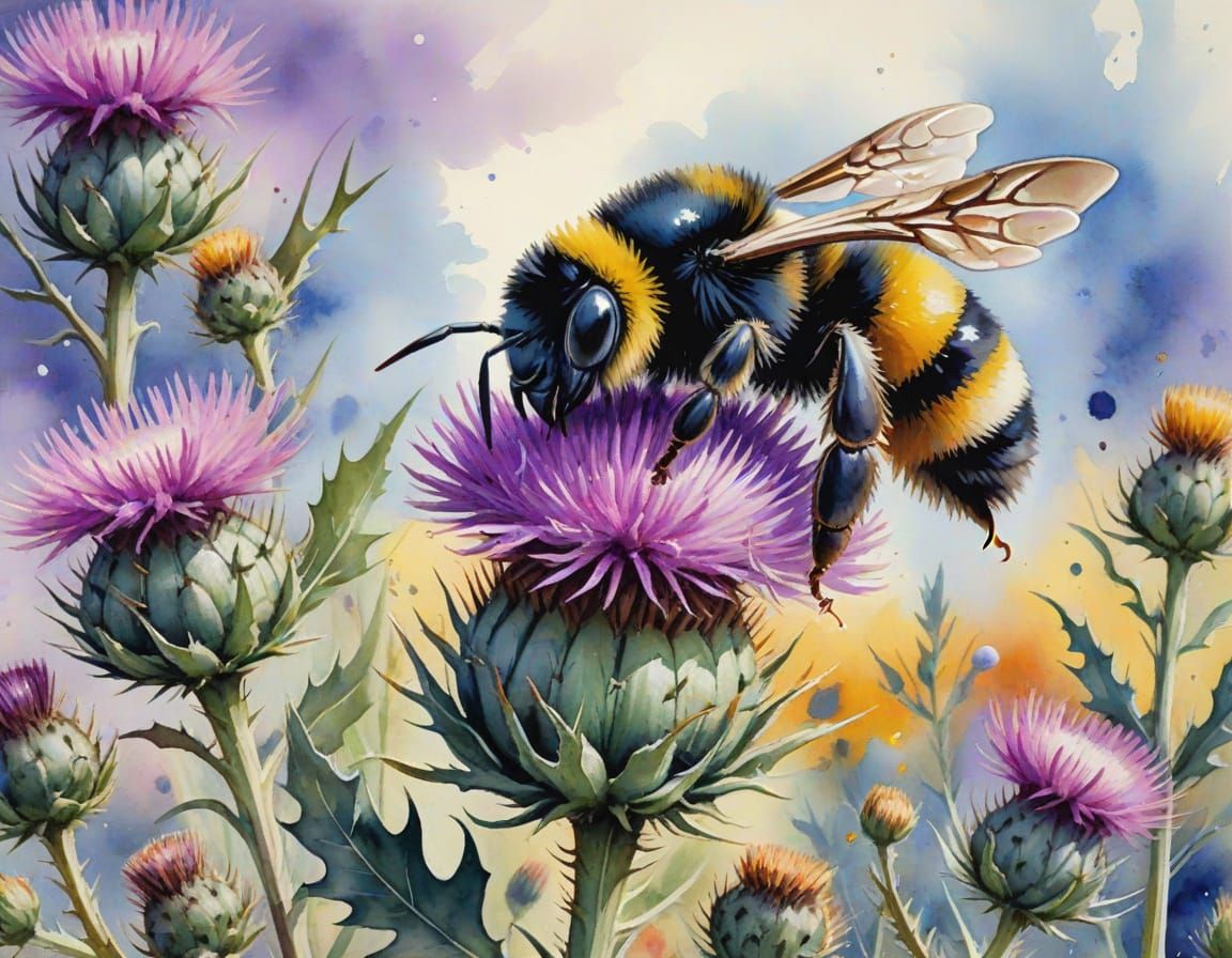 Bumble Bee on Thistle Watercolour Gouache Painting