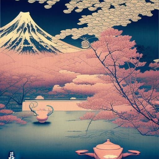 Japanese Tea Ceremony with Kyusu Teapot, Impasto Painting