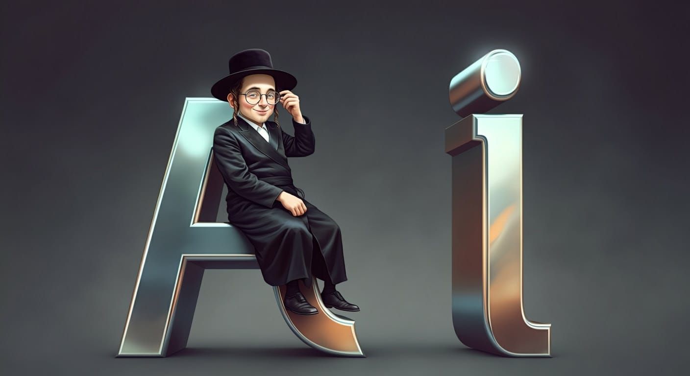 Hasidic Nerd Sits on Giant 3D Letter A in Realistic Comic St...