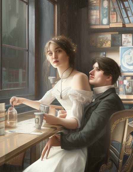 Victorian Couple in Coffee Shop: Art Nouveau Portrait