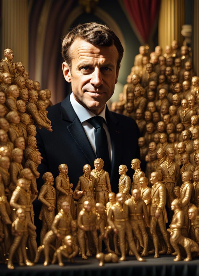 Macron with Puppets in Doré Style Hyperrealism