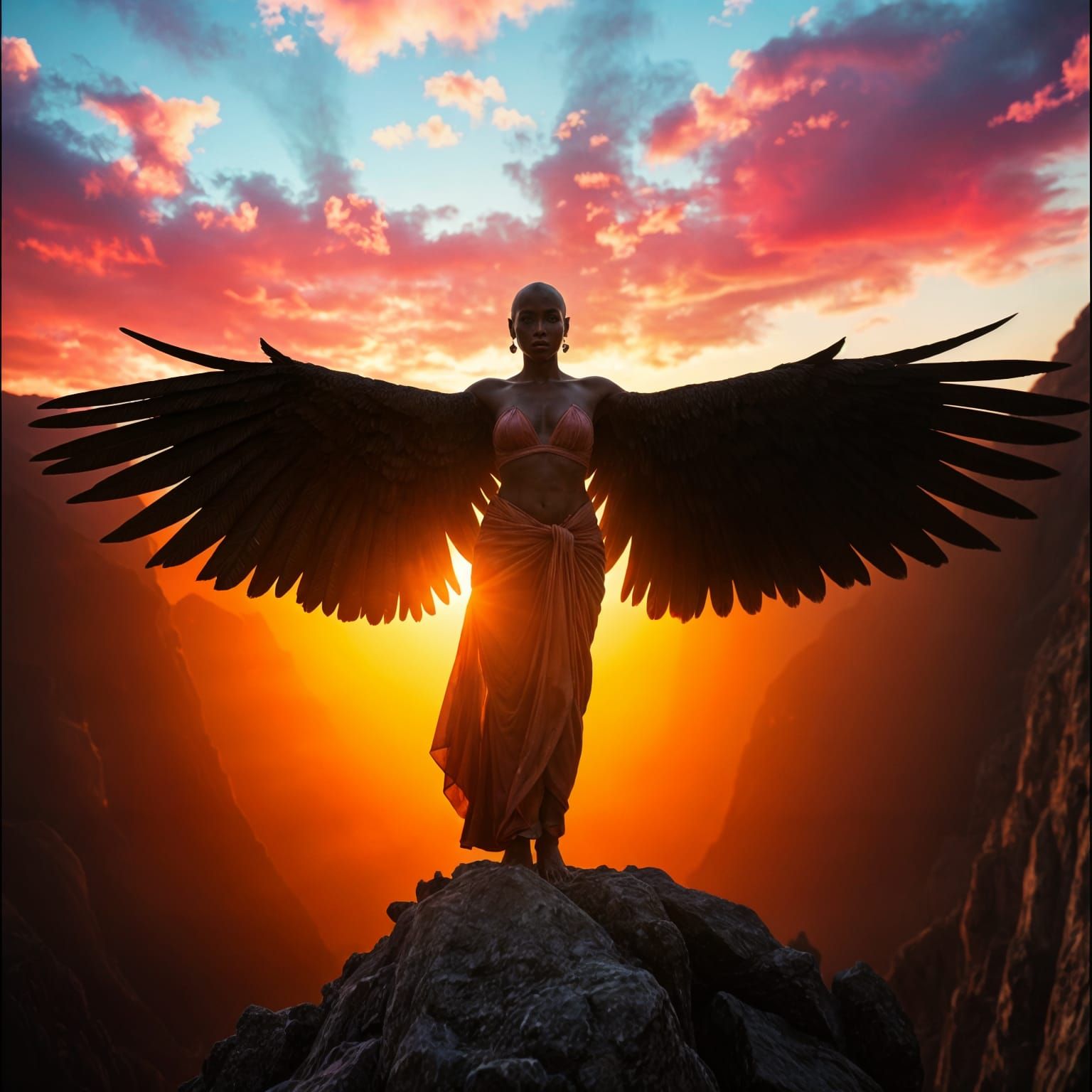 Ethereal Goddess Unfolds Amidst Sunset Skies