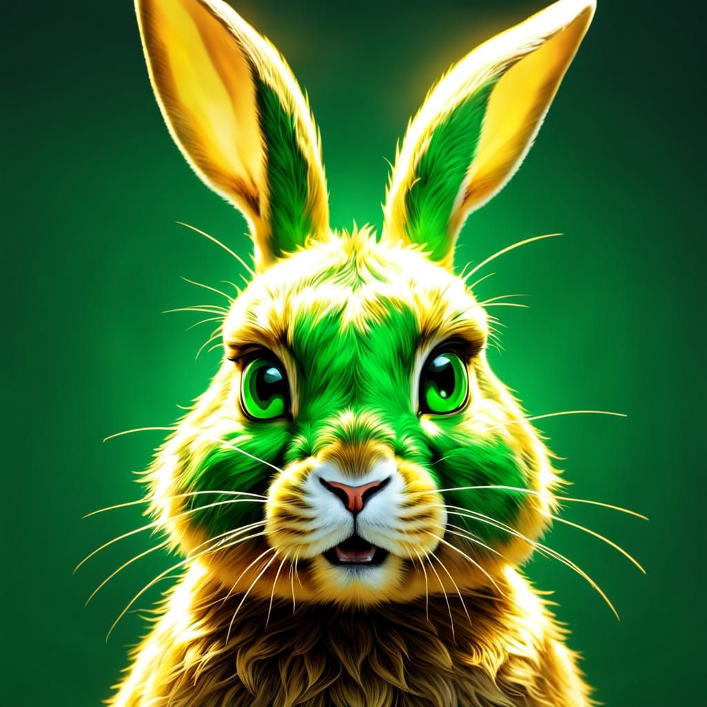 Vibrant Rabbit Head in Golden Green Energy