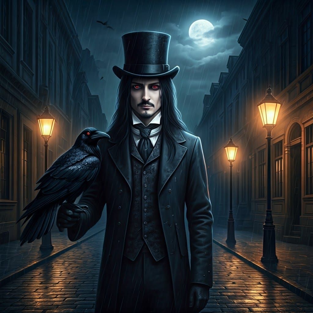 Gothic Victorian Gentleman Stands Confidently Beside Raven i...