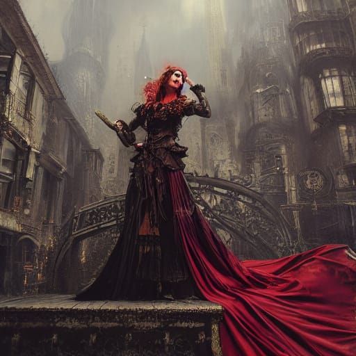 Gothic Steampunk Woman in Red Gown