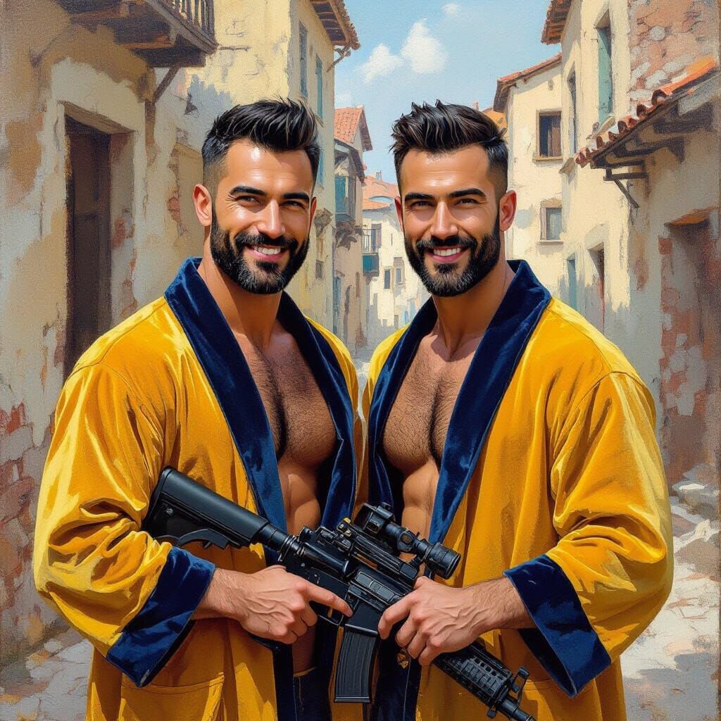 Handsome Men in Ruined Town Holding Machine Guns