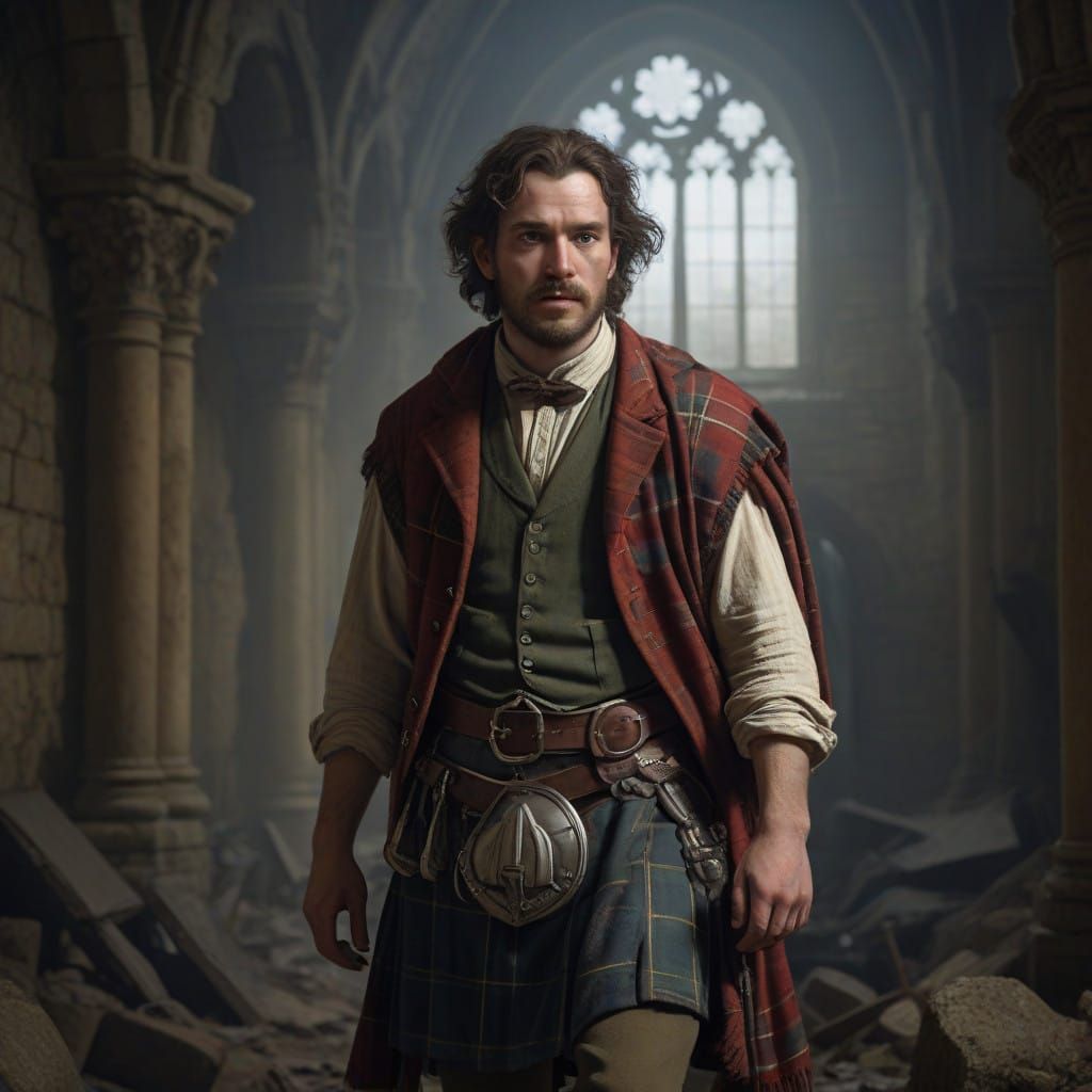 A Confused Scotsman Stands in a Ruined Church